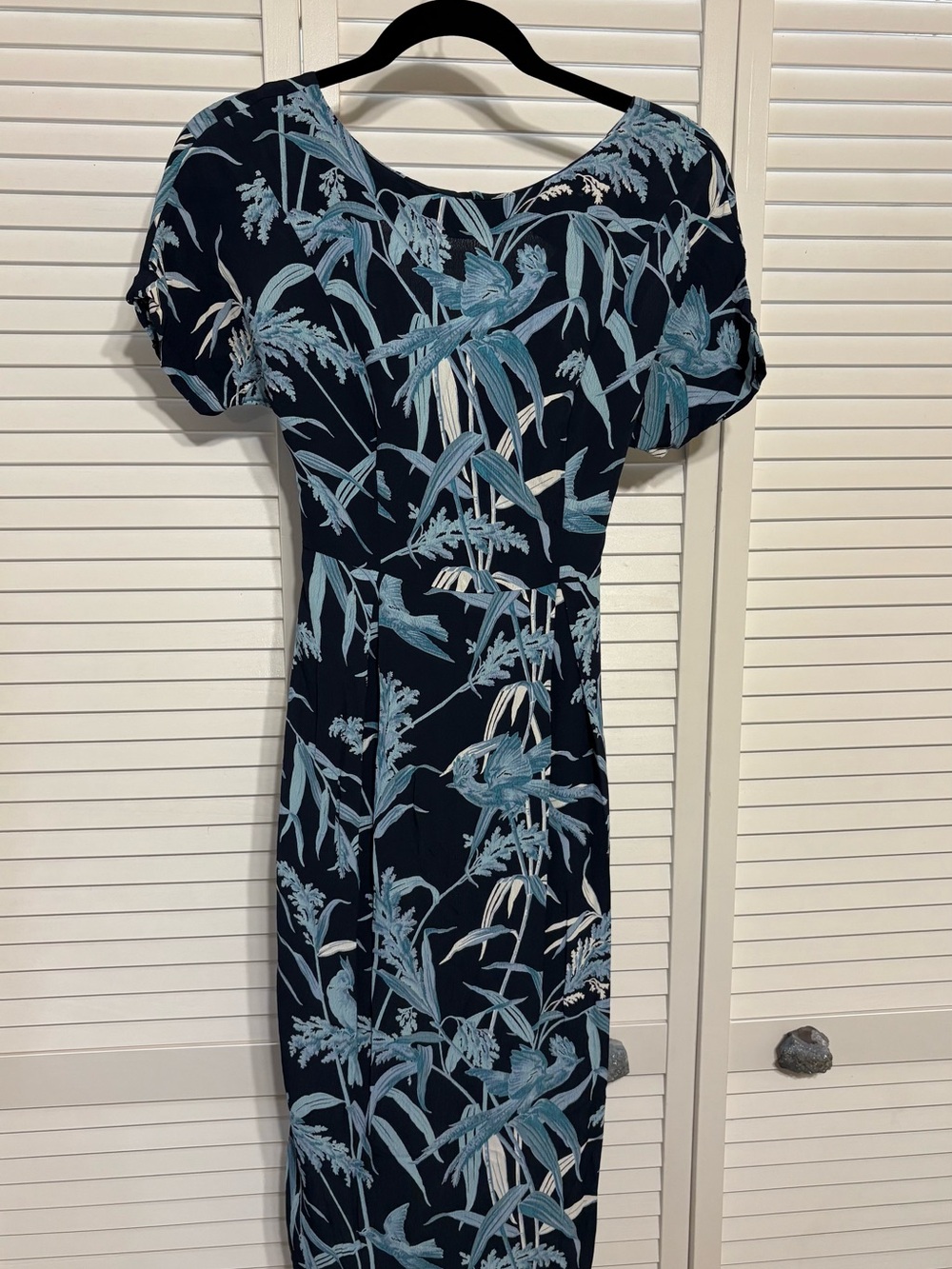 ASOS Navy Midi Dress with Light Blue Botanical & Bird Print